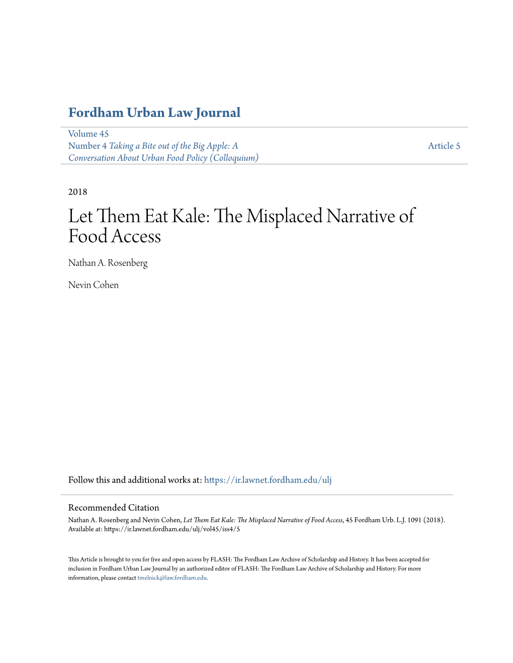 Let Them Eat Kale: the Misplaced Narrative of Food Access, 45 Fordham Urb