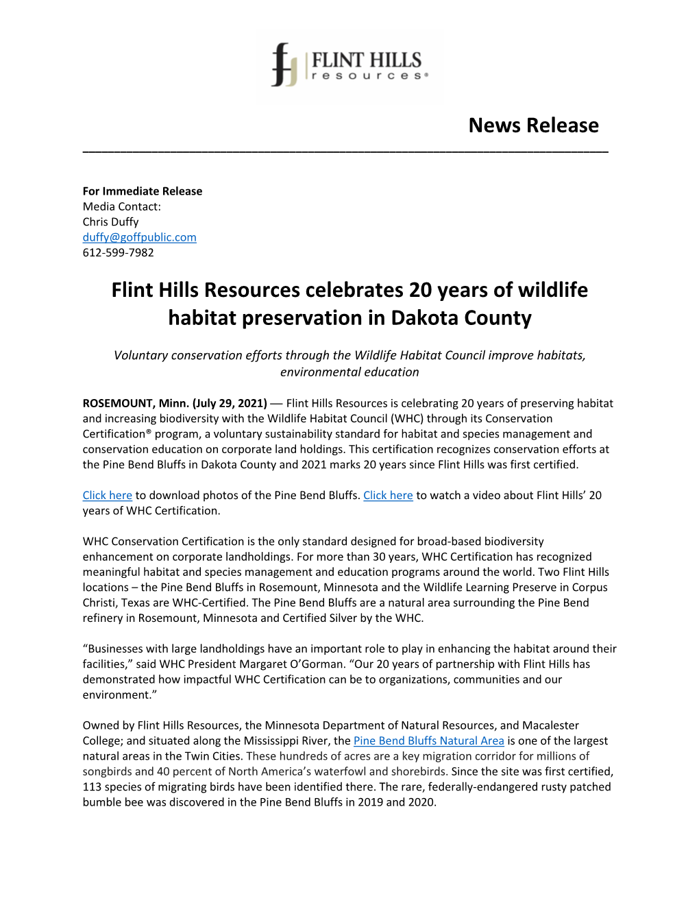 Flint Hills Resources Celebrates 20 Years of Wildlife Habitat Preservation in Dakota County