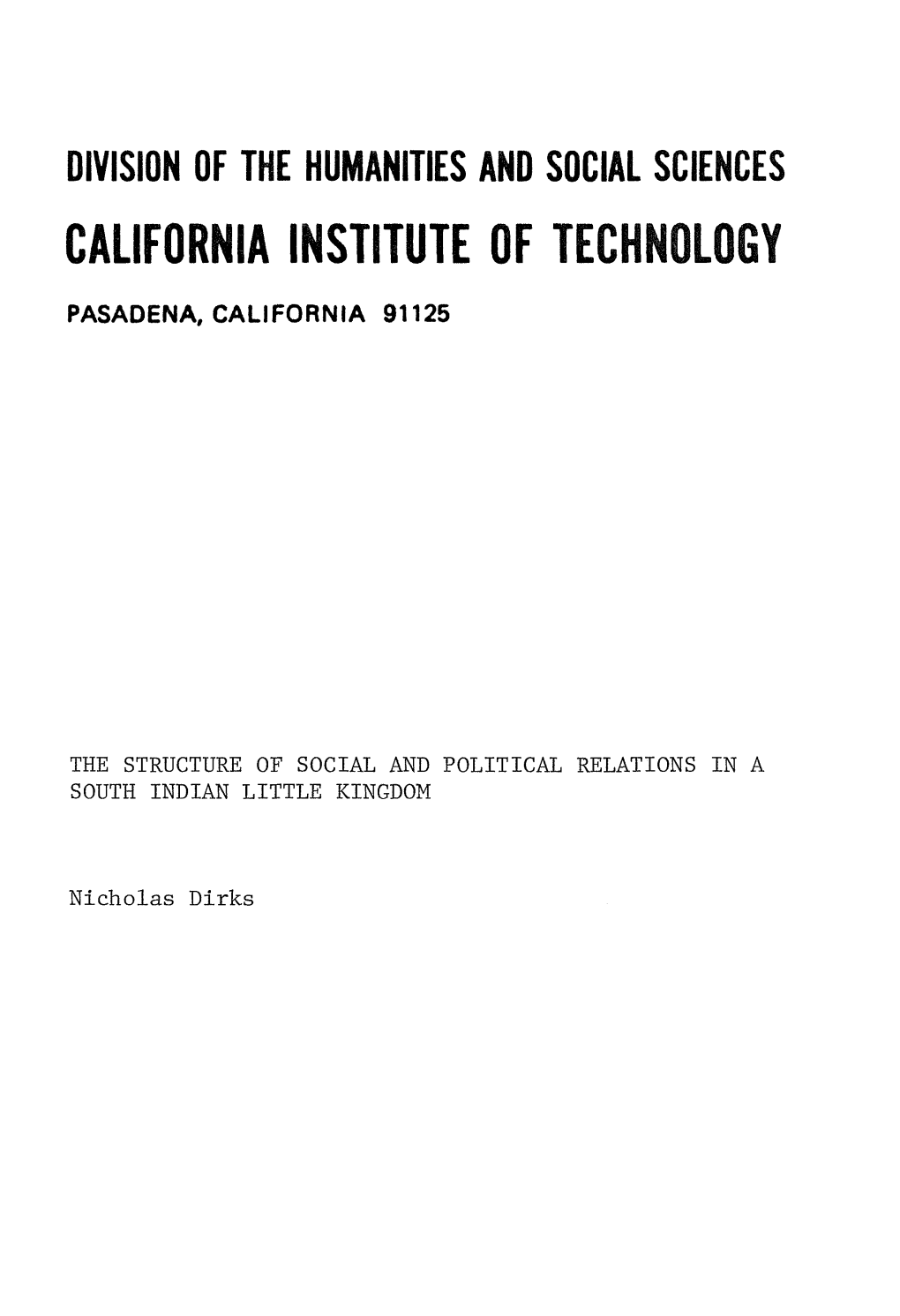 The Structure of Social and Political Relations in a South Indian Little Kingdom