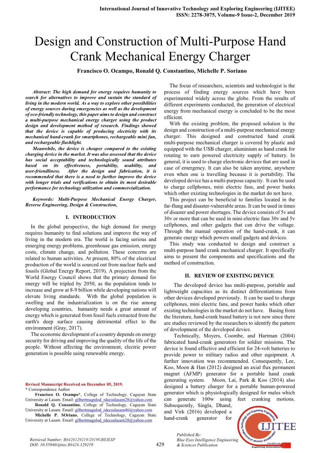 Design and Construction of Multi-Purpose Hand Crank Mechanical Energy Charger Francisco O