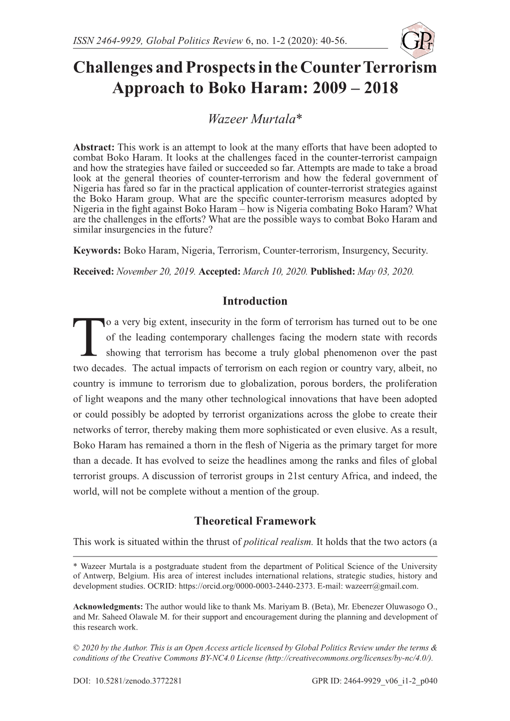 Challenges and Prospects in the Counter Terrorism Approach to Boko Haram: 2009 – 2018