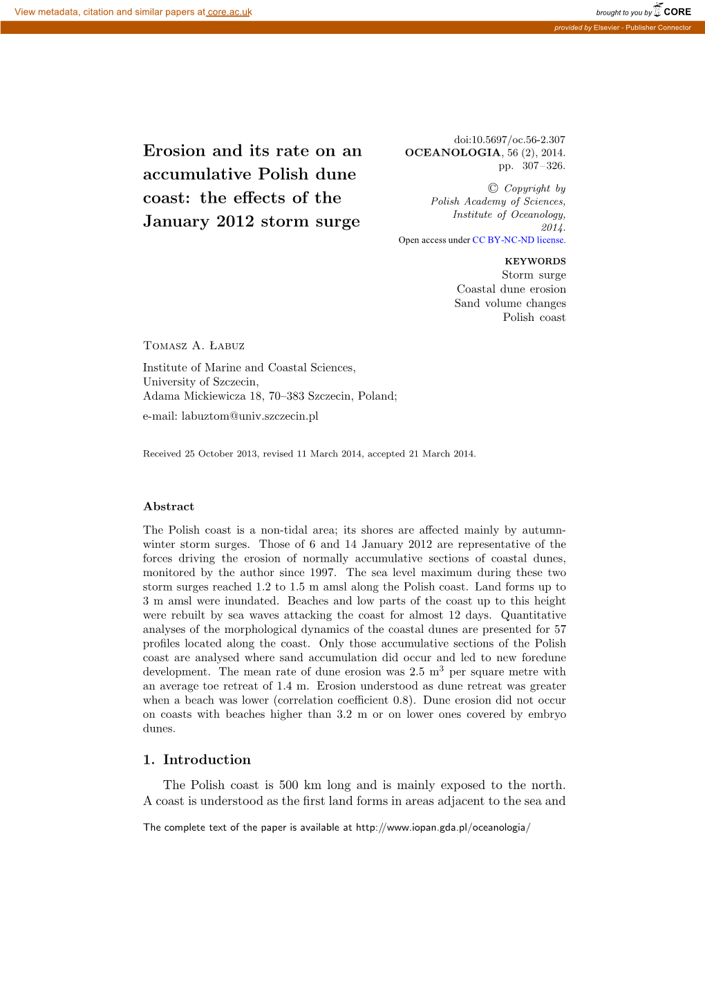 Erosion and Its Rate on an Accumulative Polish Dune Coast: The