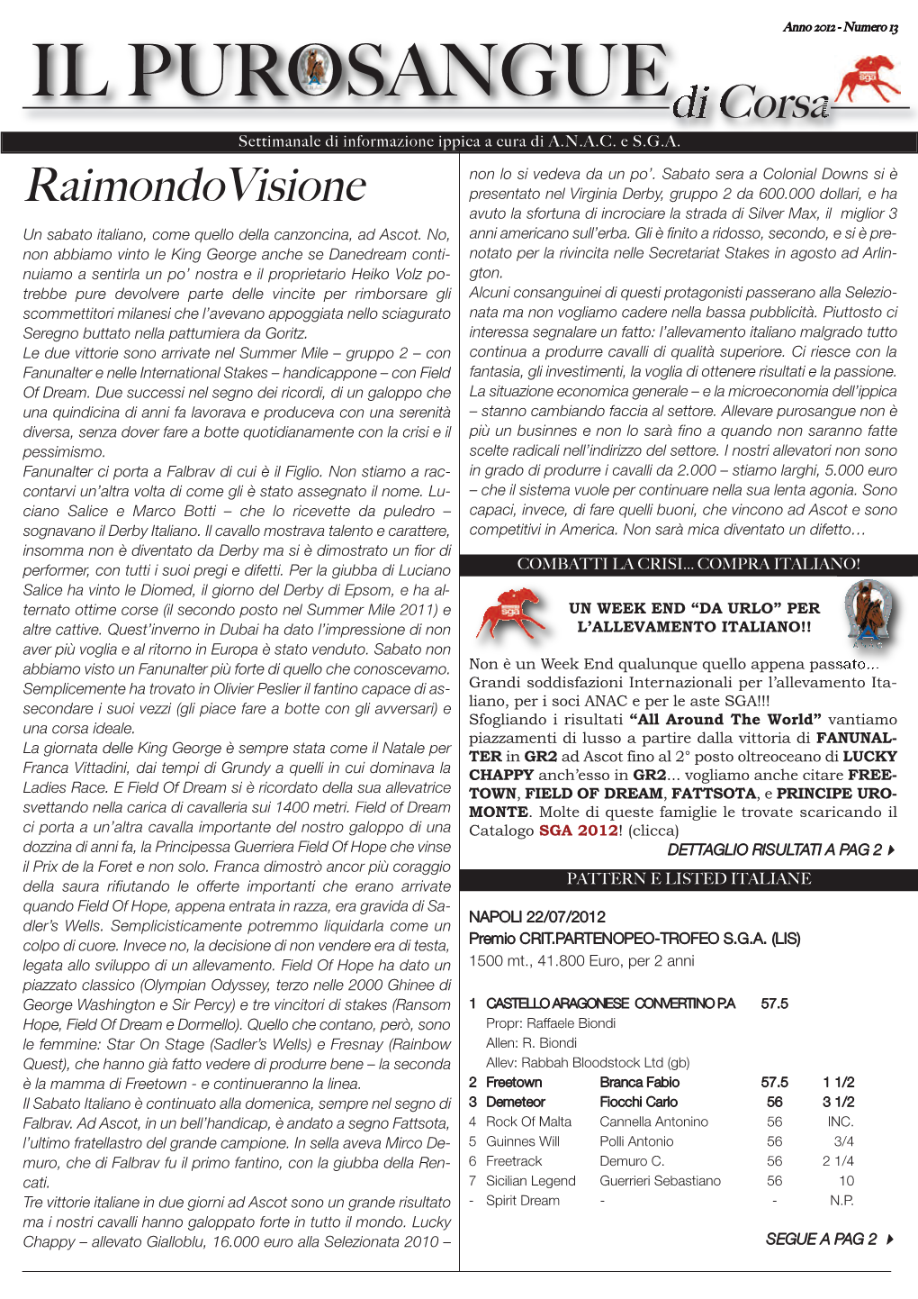 IL Purosanguedi Corsa Settimanale Di Informazione Ippica a Cura Di A.N.A.C