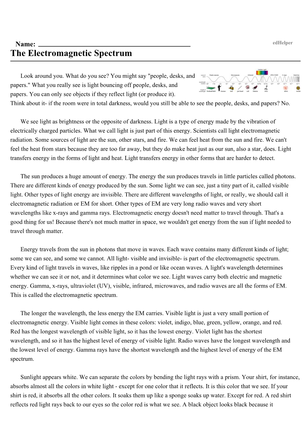 Name: Edhelper the Electromagnetic Spectrum