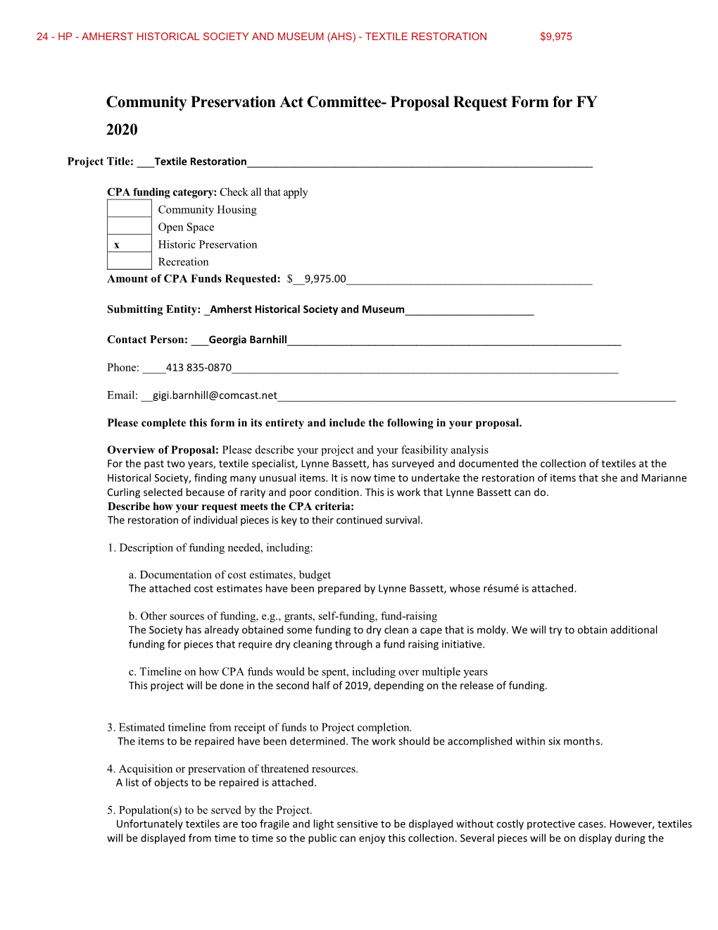 Community Preservation Act Committee- Proposal Request Form for FY 2020