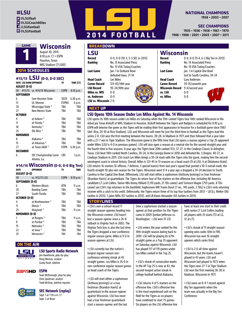 2014 FOOTBALL GAME Wisconsin BREAKDOWN August 30, 2014 8:10 P.M