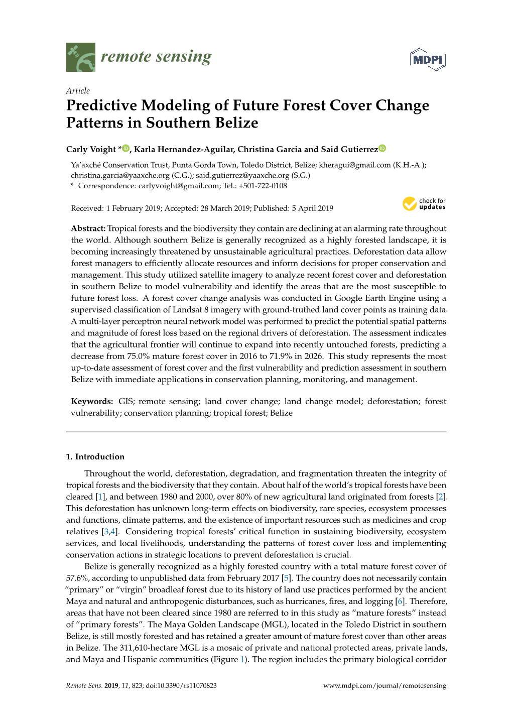 Predictive Modeling of Future Forest Cover Change Patterns in Southern Belize