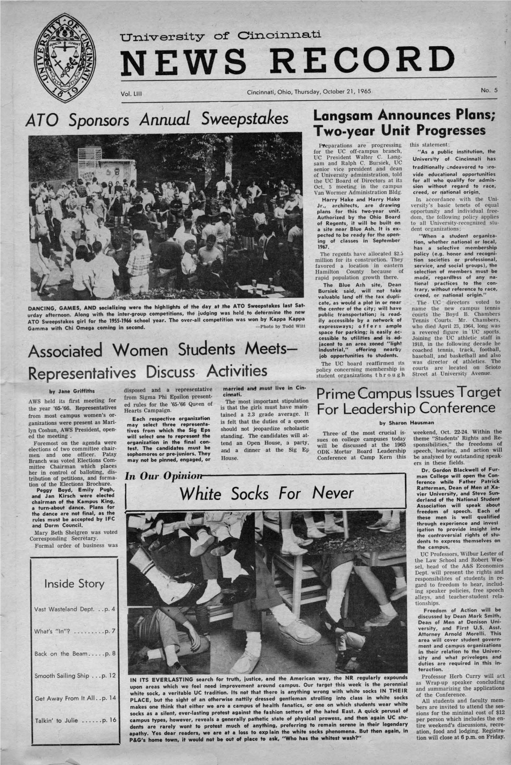 University of Cincinnati News Record. Thursday, October 21, 1965. Vol