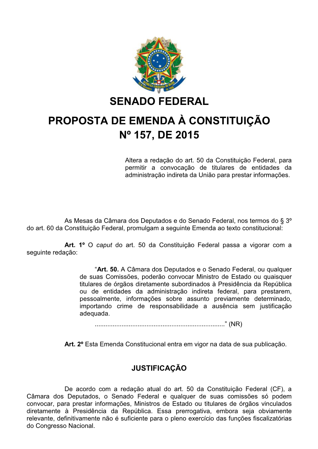 Senado Federal Proposta De Emenda À Constituição Nº 157, De 2015