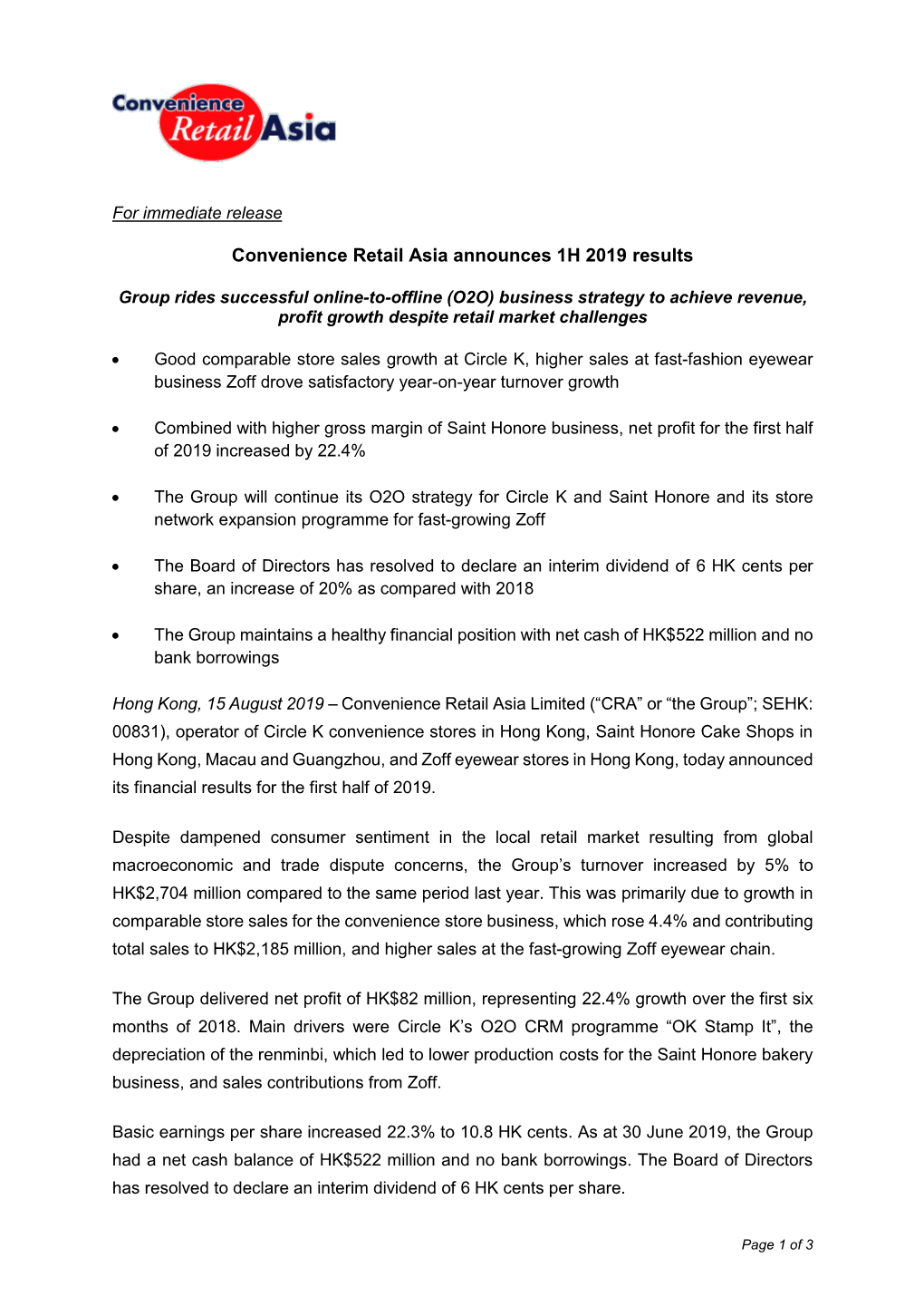 Convenience Retail Asia Announces 1H 2019 Results