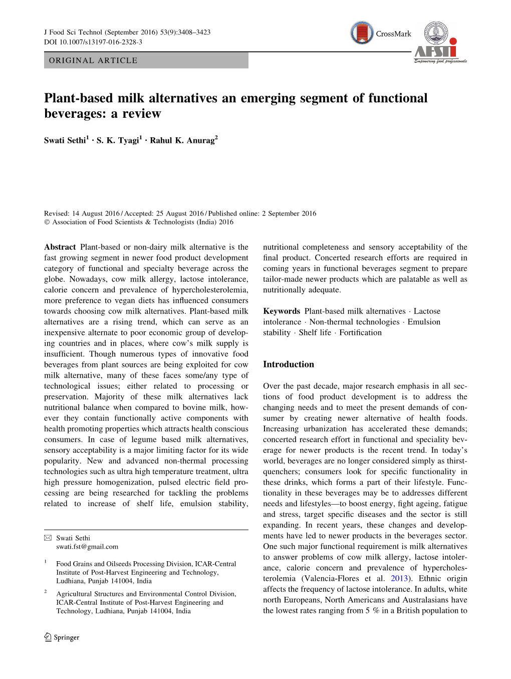 Plant-Based Milk Alternatives an Emerging Segment of Functional Beverages: a Review