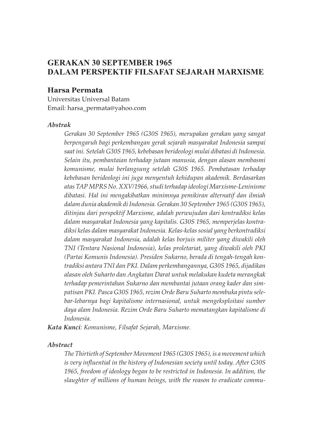 Gerakan 30 September 1965 Dalam Perspektif Filsafat Sejarah Marxisme