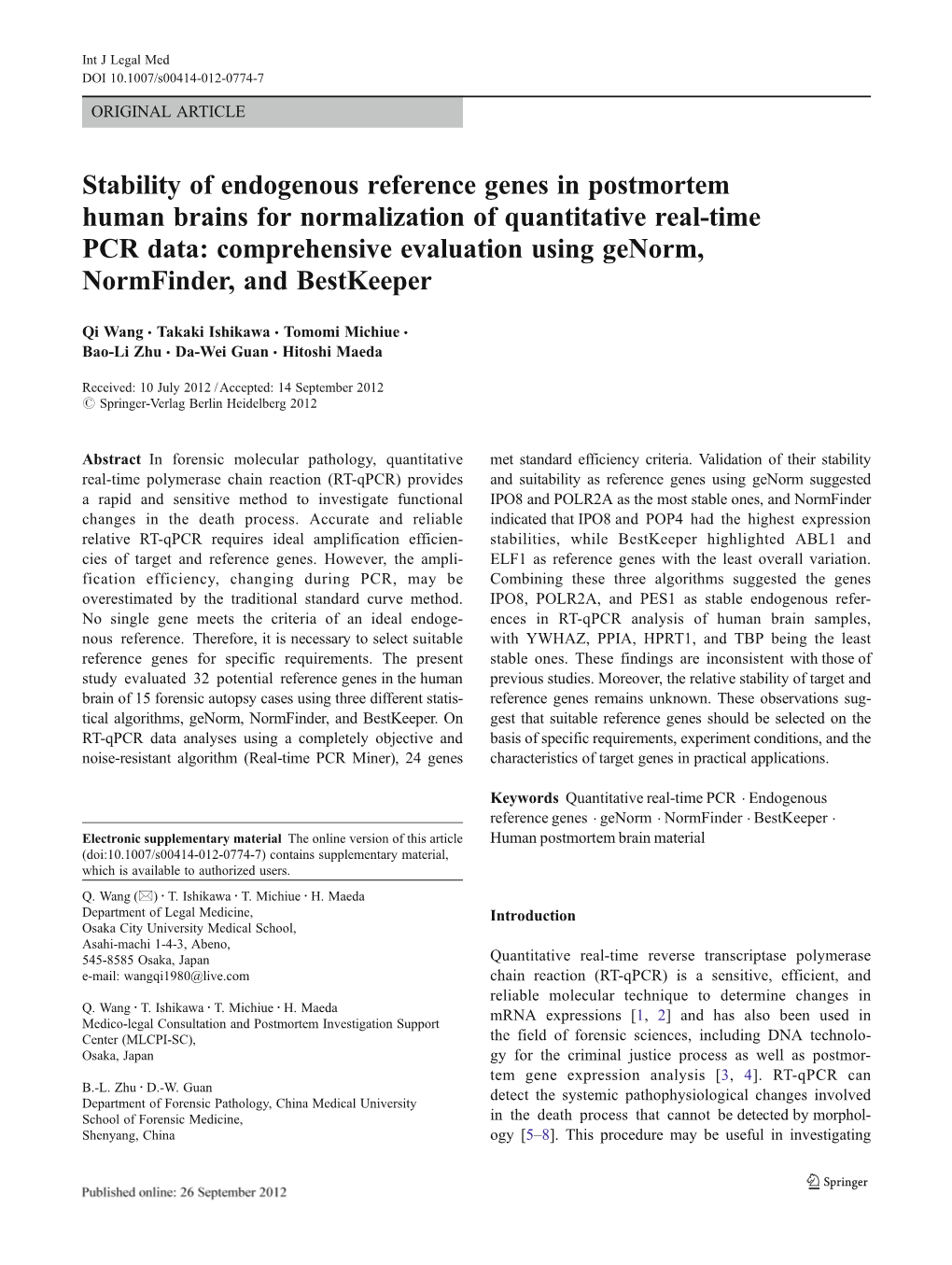 Stability of Endogenous Reference Genes in Postmortem Human Brains