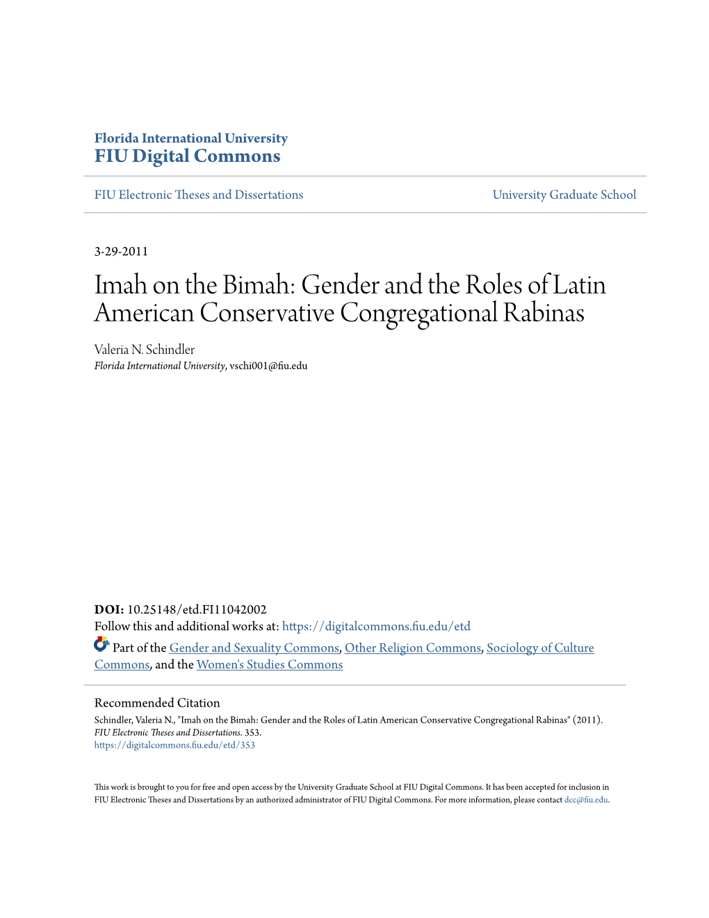 Imah on the Bimah: Gender and the Roles of Latin American Conservative Congregational Rabinas Valeria N