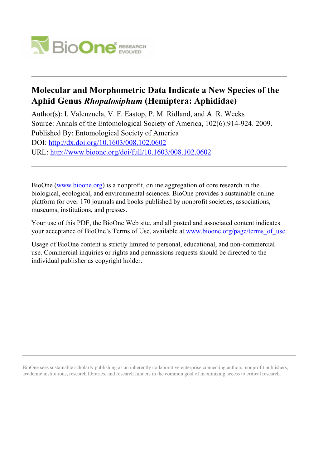 Molecular and Morphometric Data Indicate a New Species of the Aphid Genus Rhopalosiphum (Hemiptera: Aphididae) Author(S): I