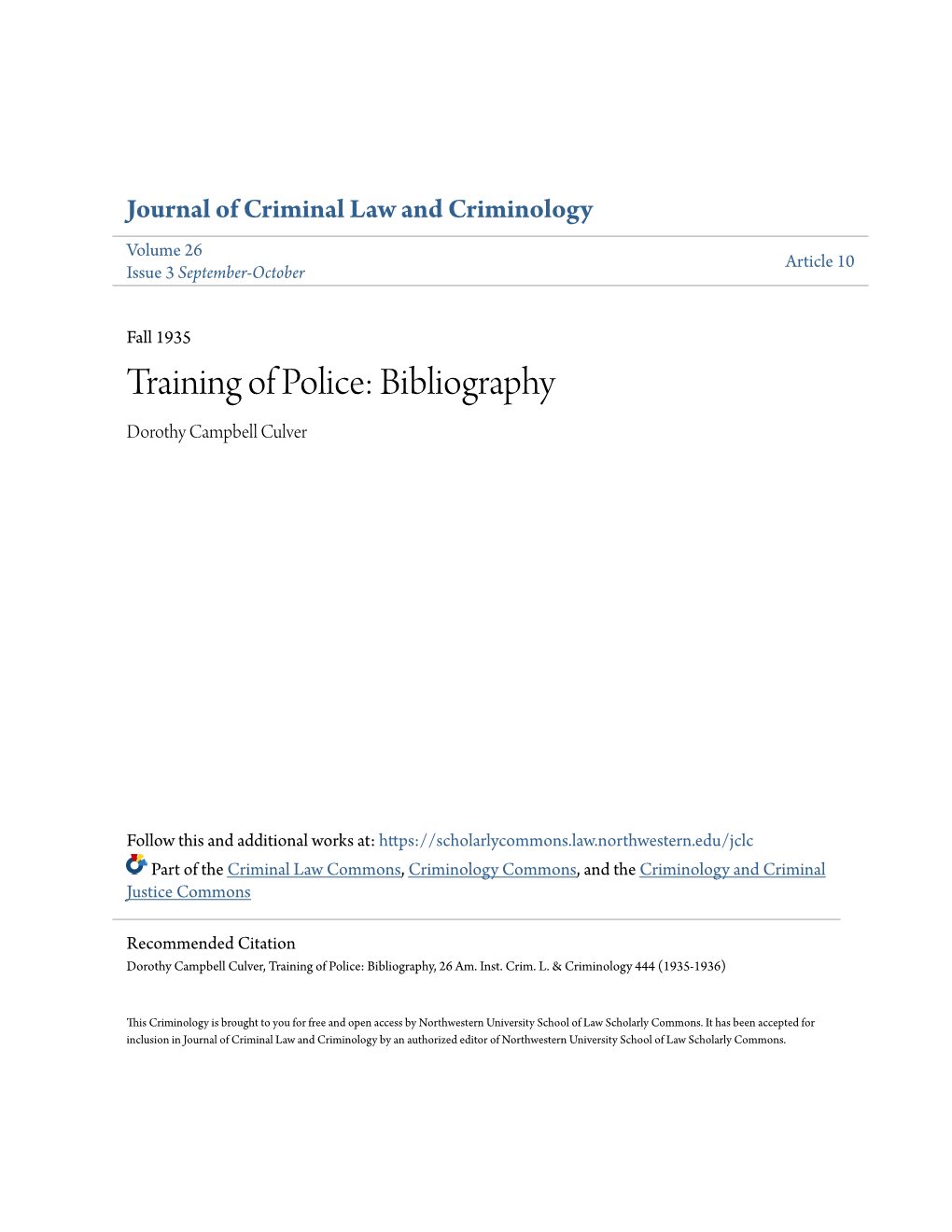Training of Police: Bibliography Dorothy Campbell Culver