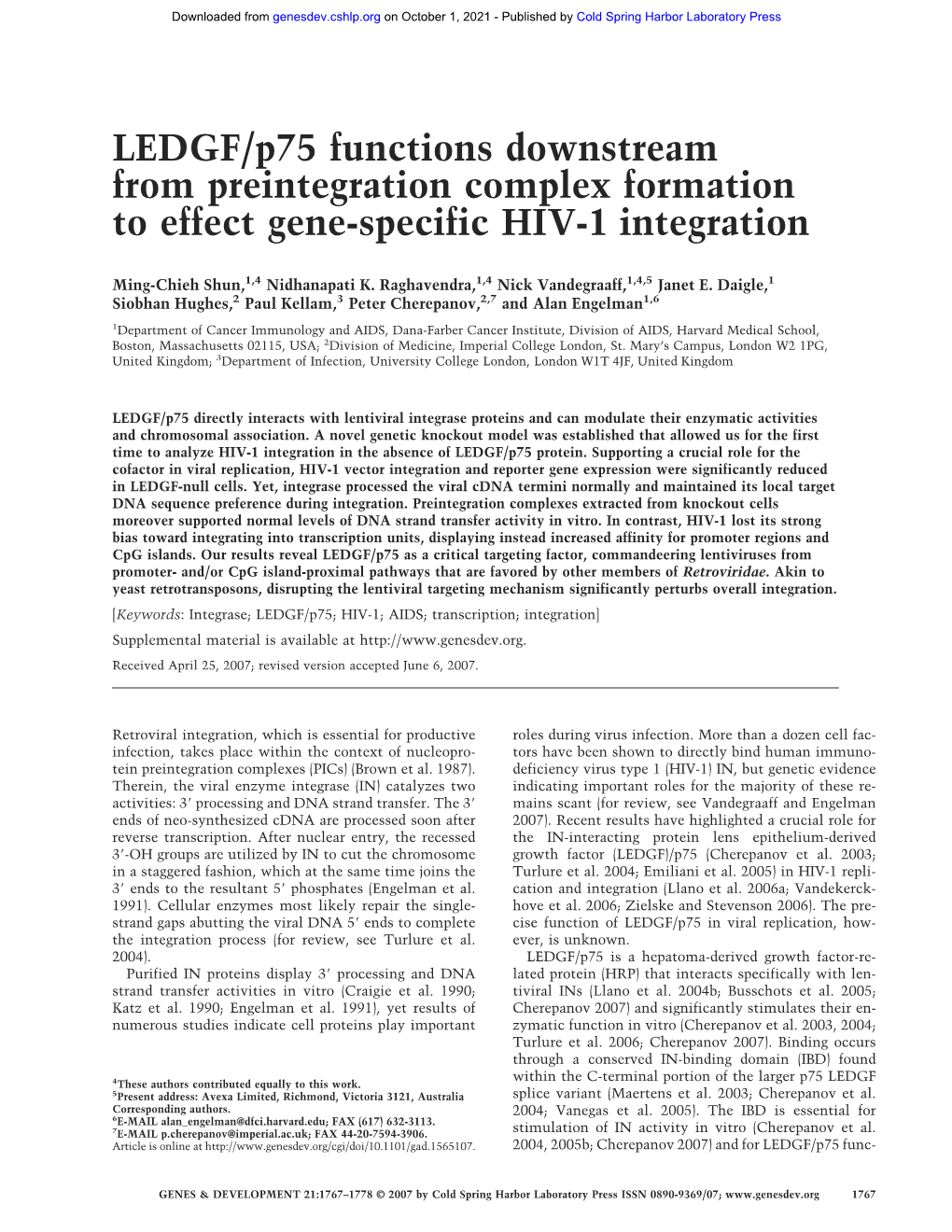 LEDGF/P75 Functions Downstream from Preintegration Complex Formation to Effect Gene-Specific HIV-1 Integration