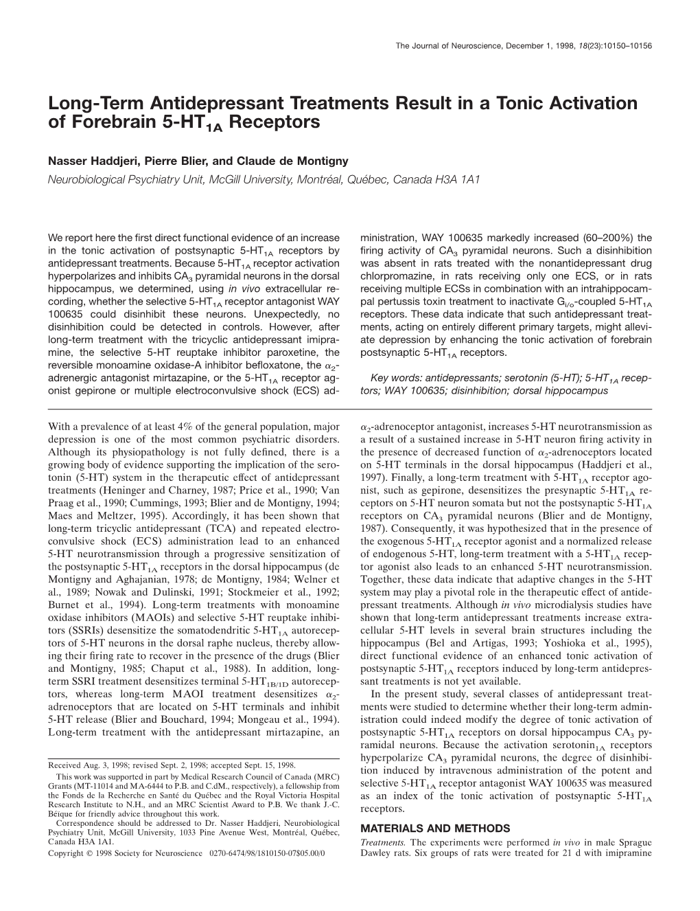 Long-Term Antidepressant Treatments Result in a Tonic Activation of Forebrain 5-HT1A Receptors