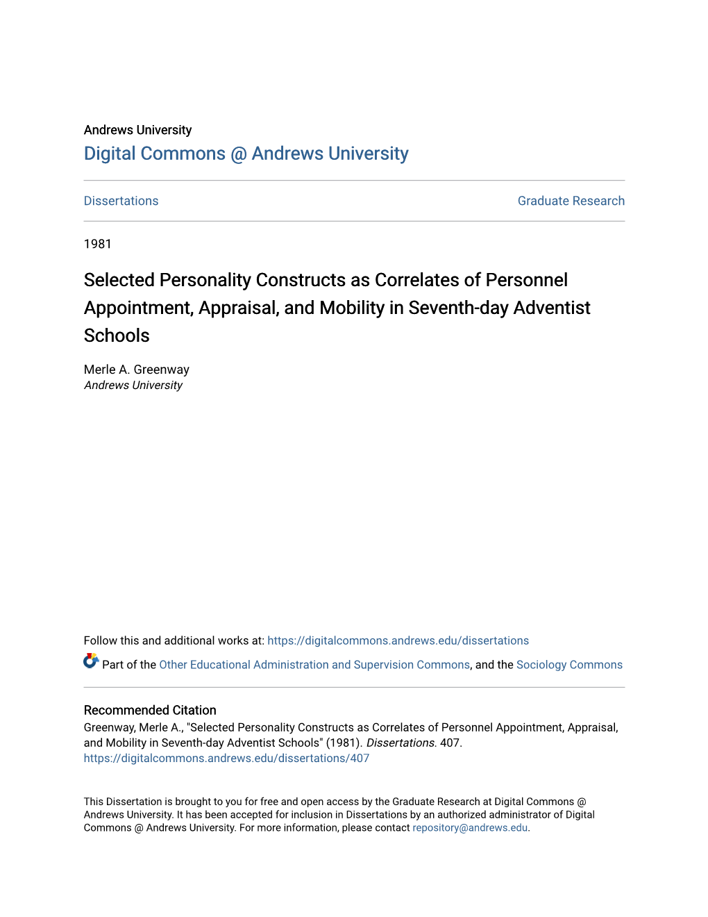 Selected Personality Constructs As Correlates of Personnel Appointment, Appraisal, and Mobility in Seventh-Day Adventist Schools