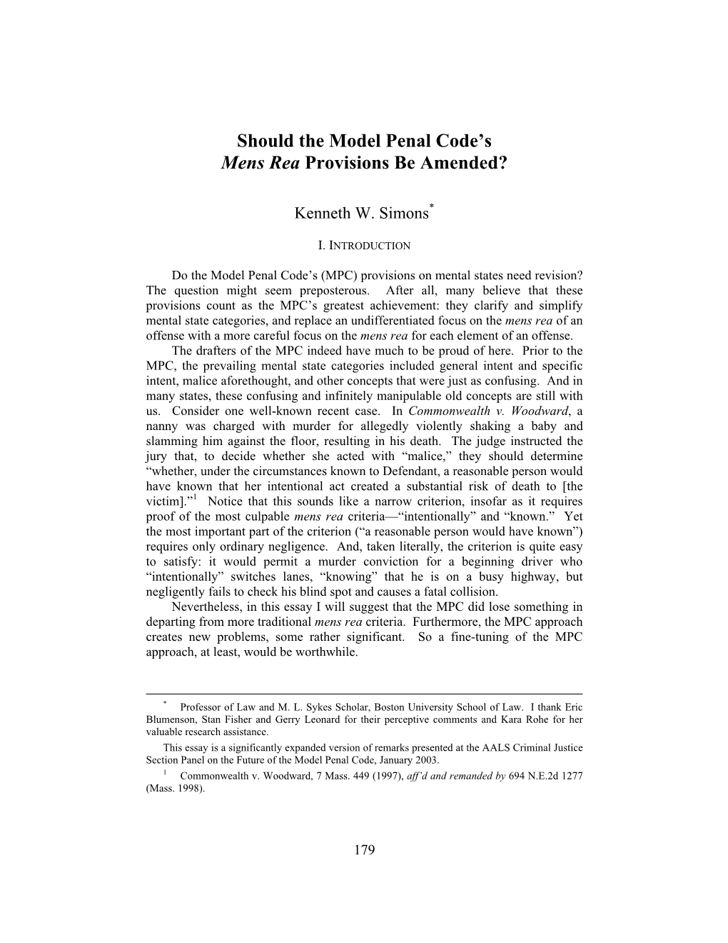 Should the Model Penal Code's Mens Rea Provisions Be Amended