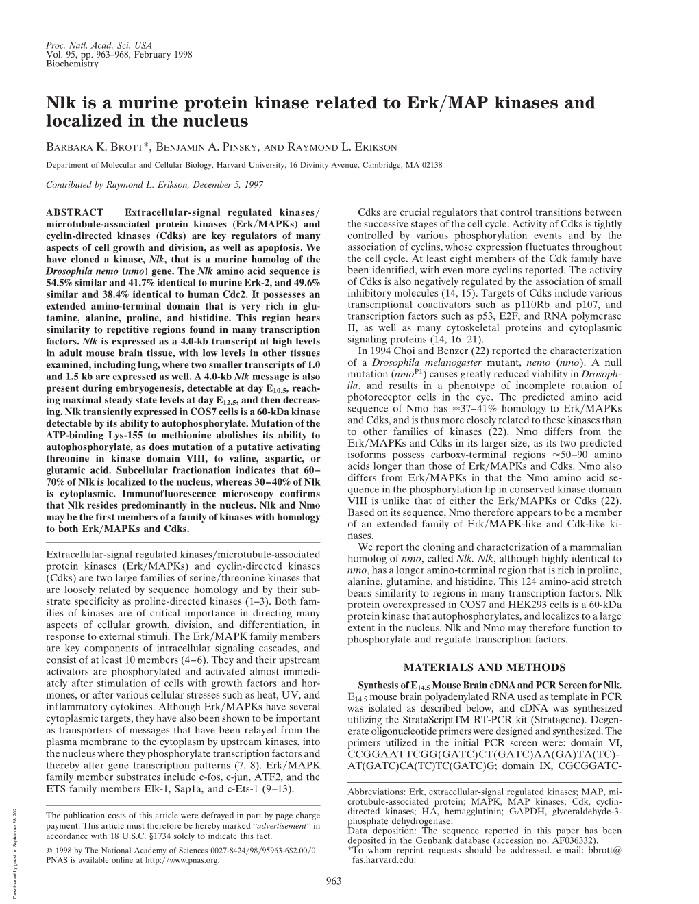 Nlk Is a Murine Protein Kinase Related to Erk/MAP Kinases and Localized In