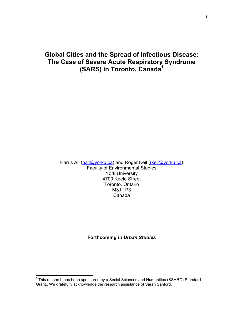 Global Cities and the Spread of Infectious Disease: the Case of Severe Acute Respiratory Syndrome (SARS) in Toronto, Canada1