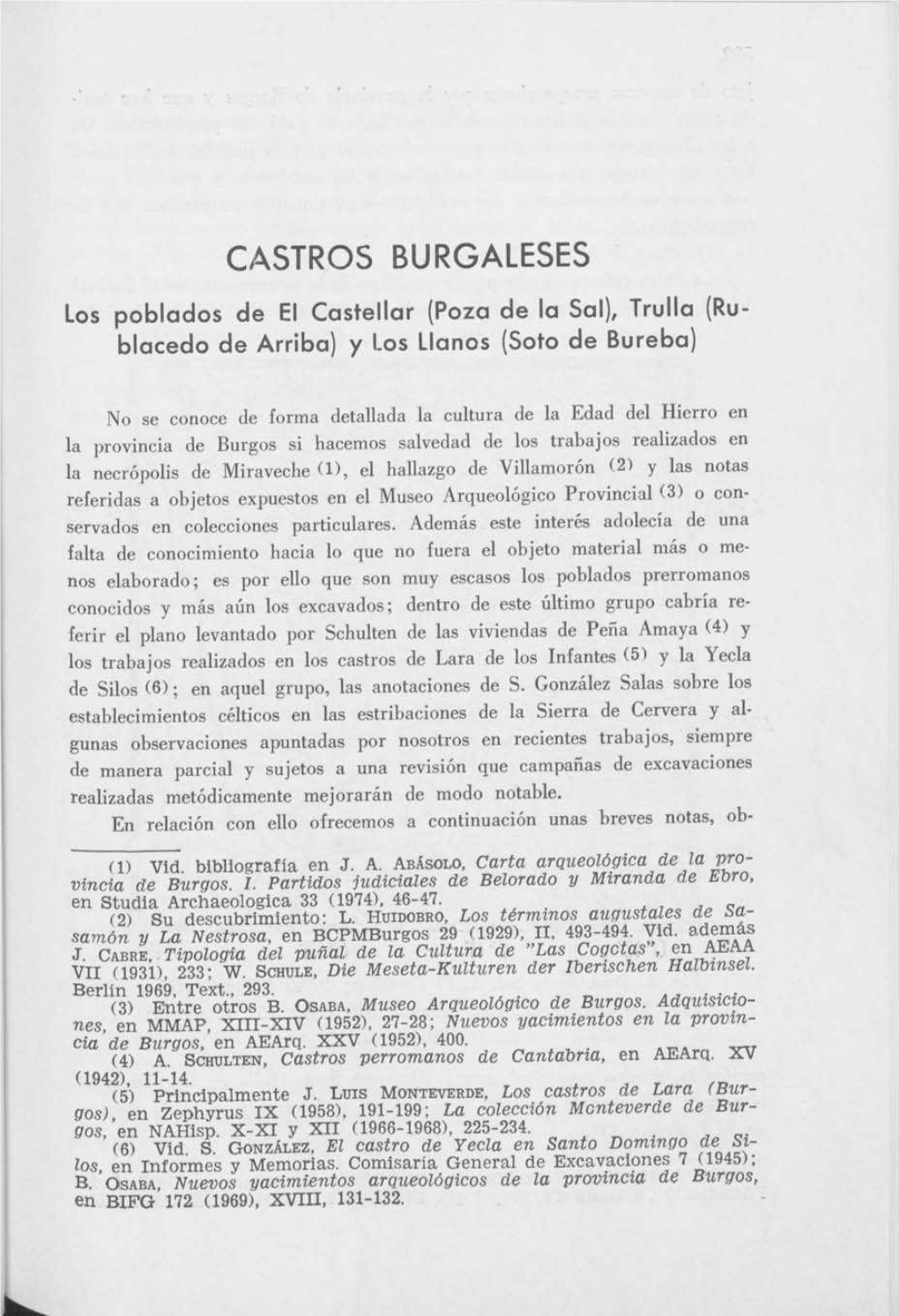 CASTROS BURGALESES Los Poblados De El Castellar (Poza De La Sal), Trulla (Ru- Blacedo De Arriba) Y Los Llanos (Soto De Bureba)