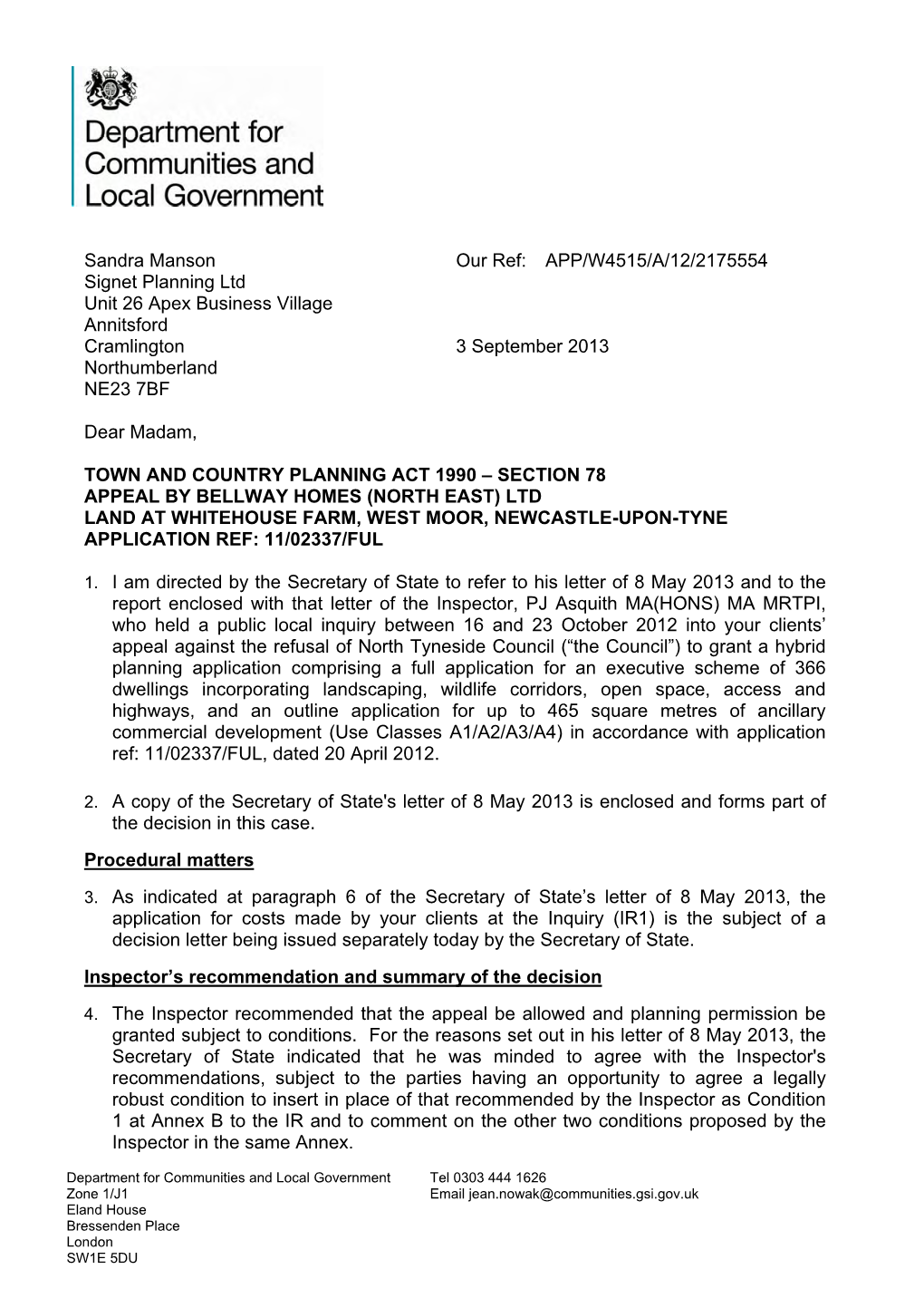 Land at Whitehouse Farm, West Moor, Newcastle-Upon-Tyne Application Ref: 11/02337/Ful