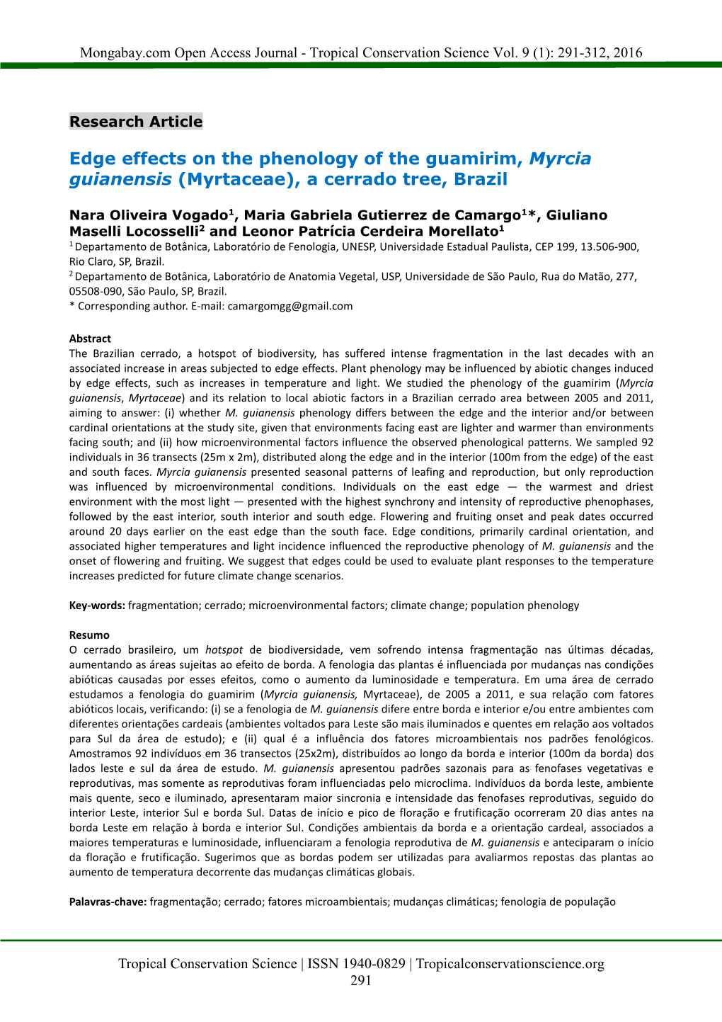 Edge Effects on the Phenology of the Guamirim, Myrcia Guianensis (Myrtaceae), a Cerrado Tree, Brazil