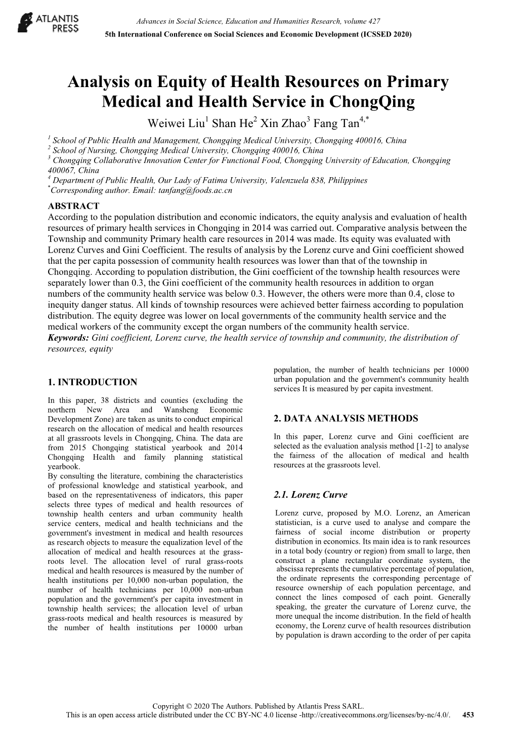 Analysis on Equity of Health Resources on Primary Medical and Health Service in Chongqing