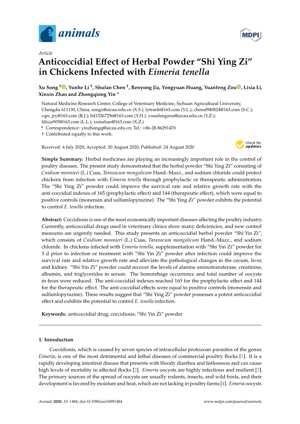 Anticoccidial Effect of Herbal Powder “Shi Ying