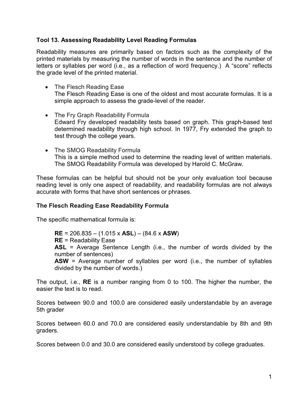 Readability Level Reading Formulas