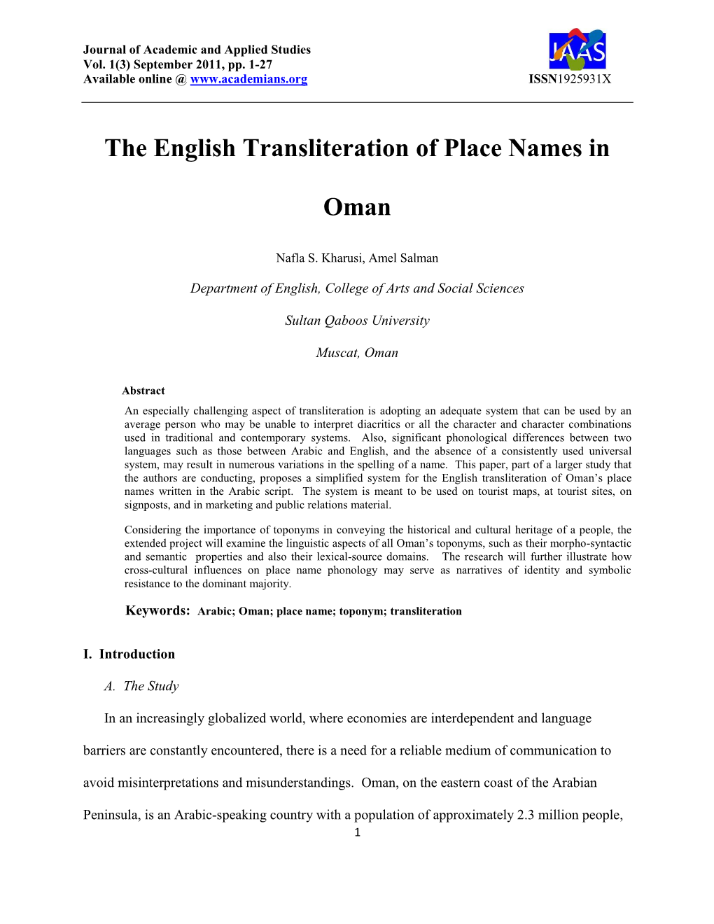 The English Transliteration of Place Names in Oman