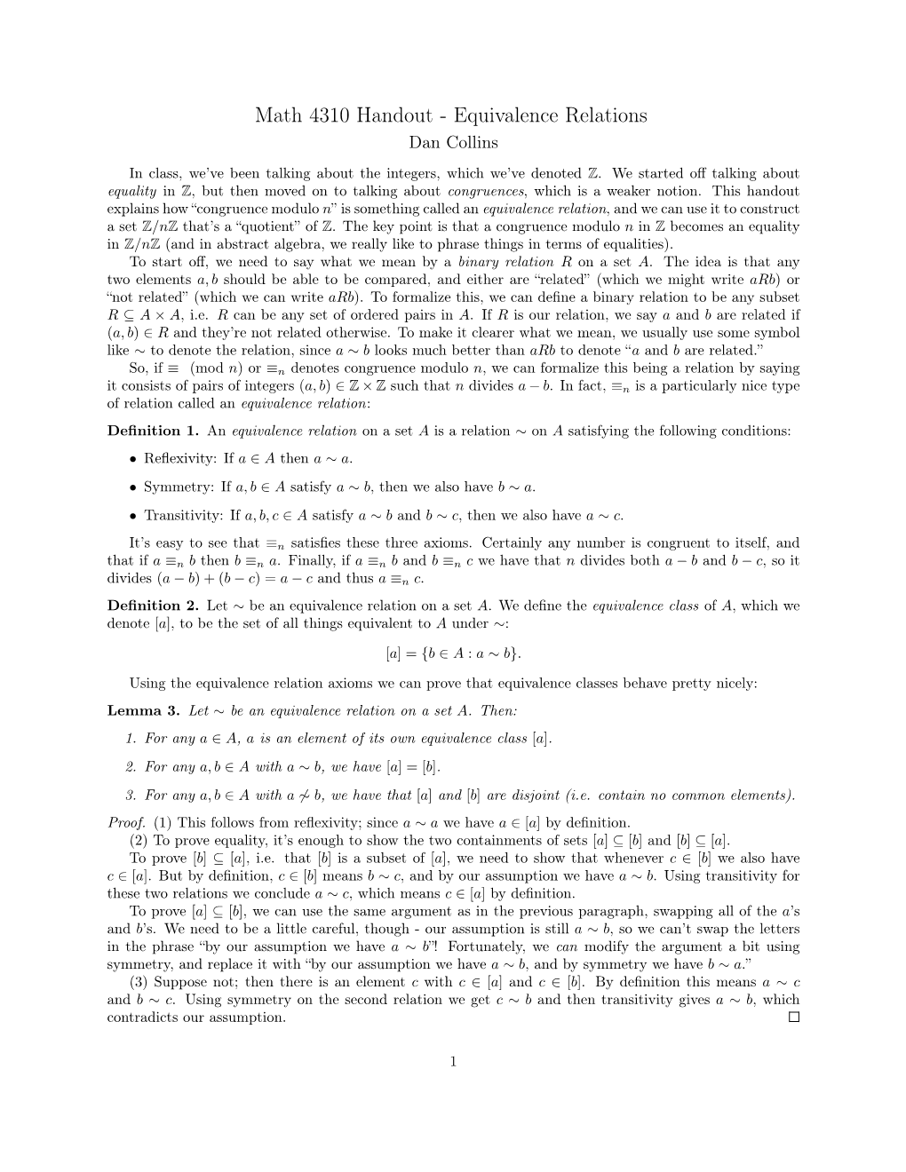 Math 4310 Handout - Equivalence Relations Dan Collins