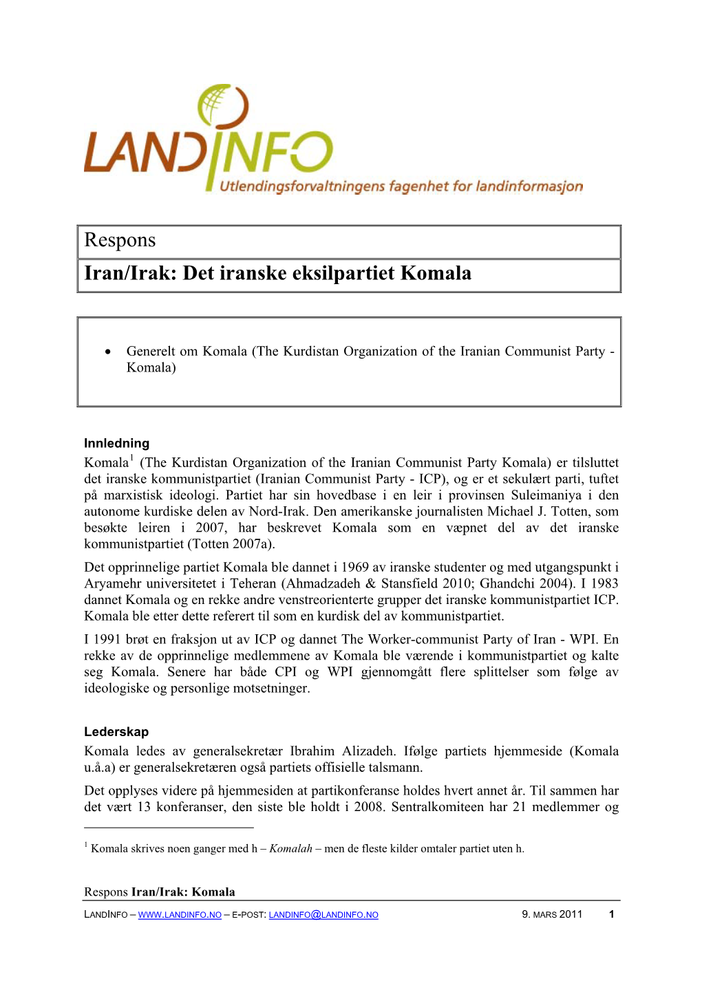 Respons Iran/Irak: Det Iranske Eksilpartiet Komala