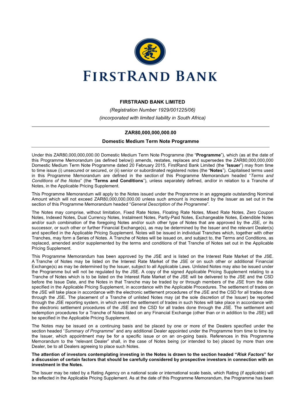 Firstrand Bank Limited R80 Billion DMTN Programme – 14 October 2015