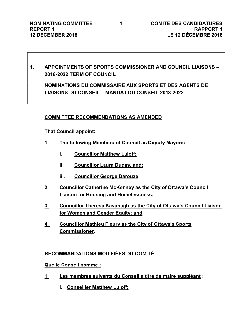 Nominating Committee Report 1 12 December 2018 1 Comité