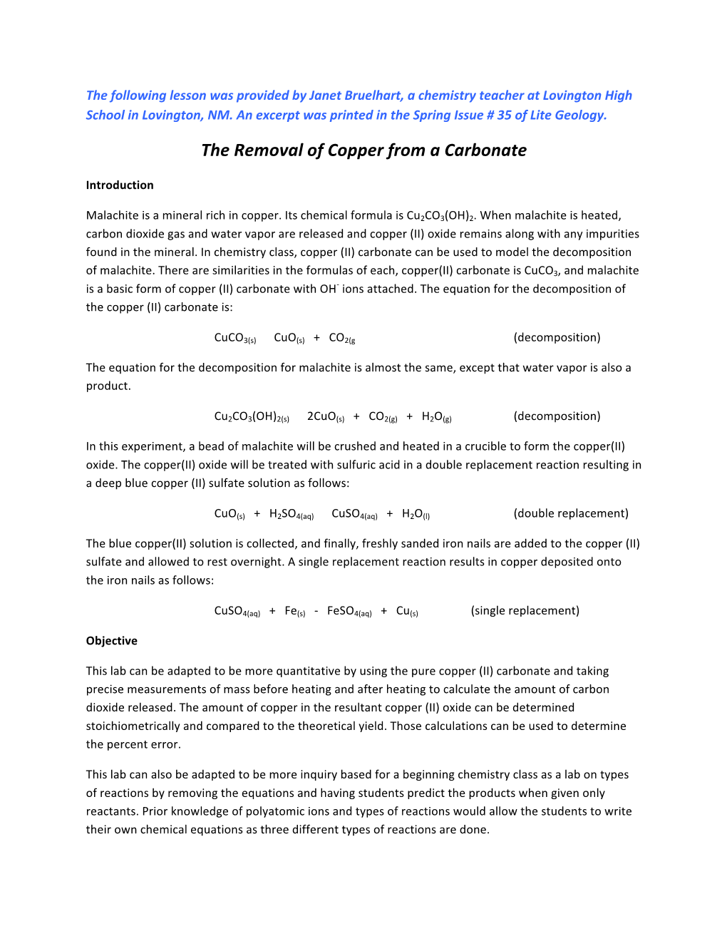 The Removal of Copper from a Carbonate