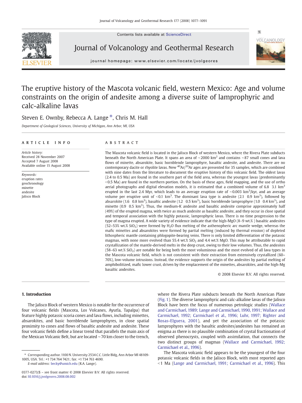 The Eruptive History of the Mascota Volcanic Field, Western Mexico: Age