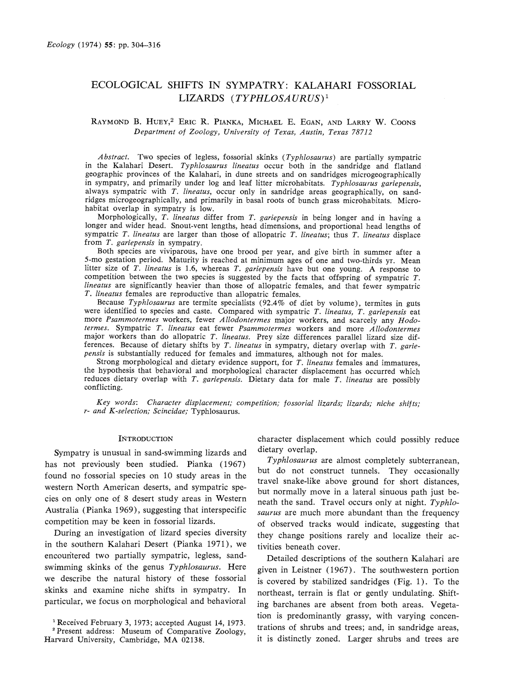 Ecological Shifts in Sympatry: Kalahari Fossorial Lizards (Typhlosaurus)