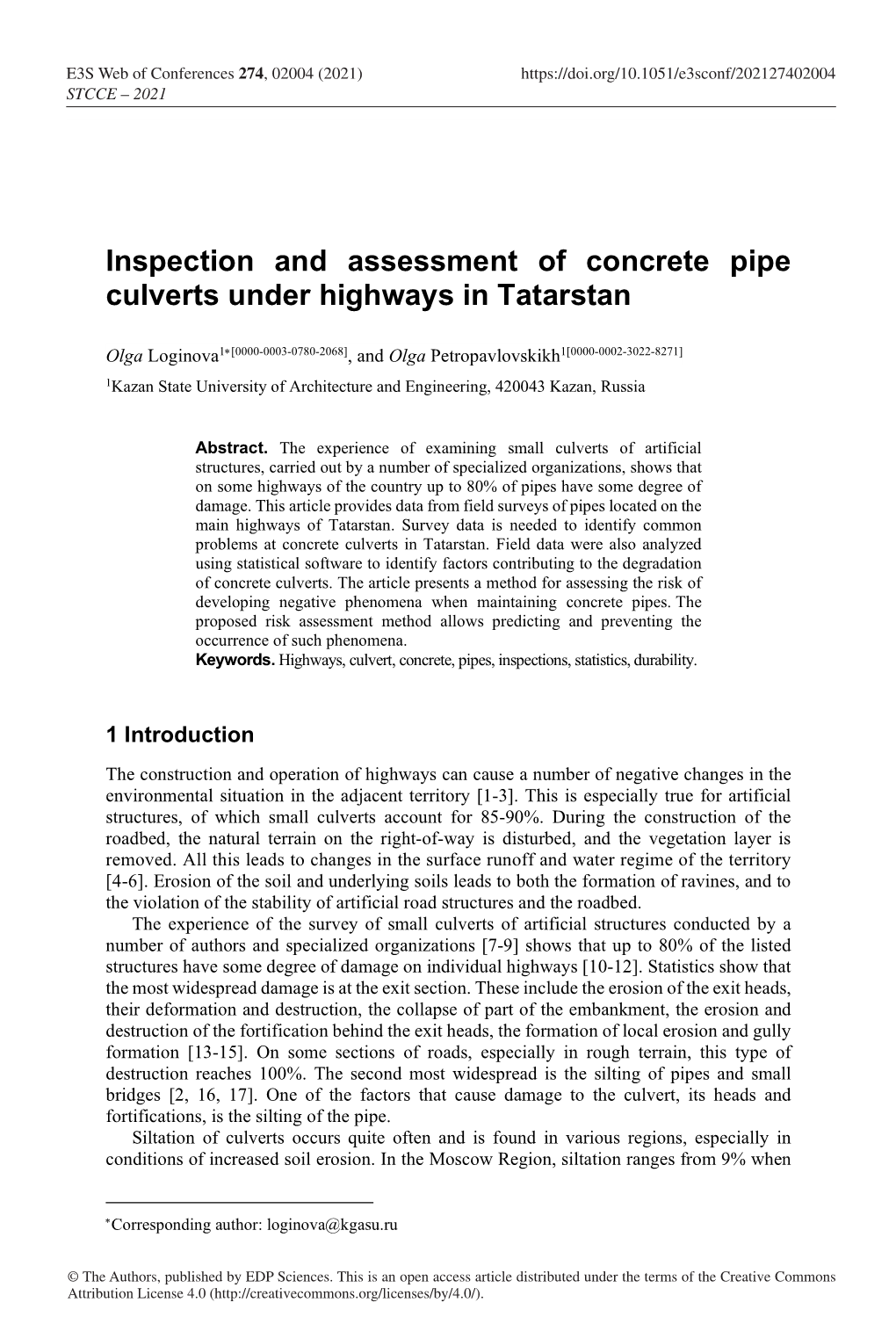 Inspection and Assessment of Concrete Pipe Culverts Under Highways in Tatarstan