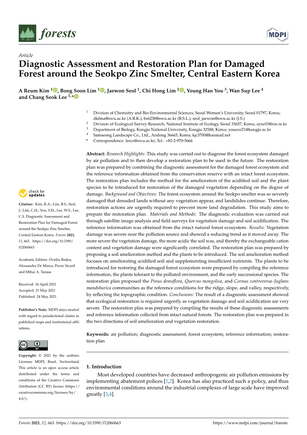 Diagnostic Assessment and Restoration Plan for Damaged Forest Around the Seokpo Zinc Smelter, Central Eastern Korea