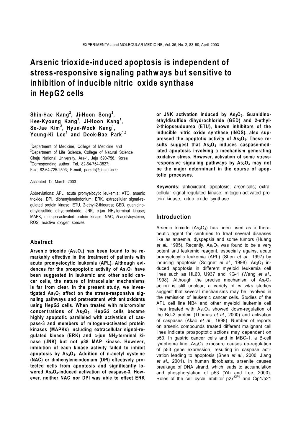 Arsenic Trioxide-Induced Apoptosis Is Independent of Stress-Responsive Signaling Pathways but Sensitive to Inhibition of Inducib