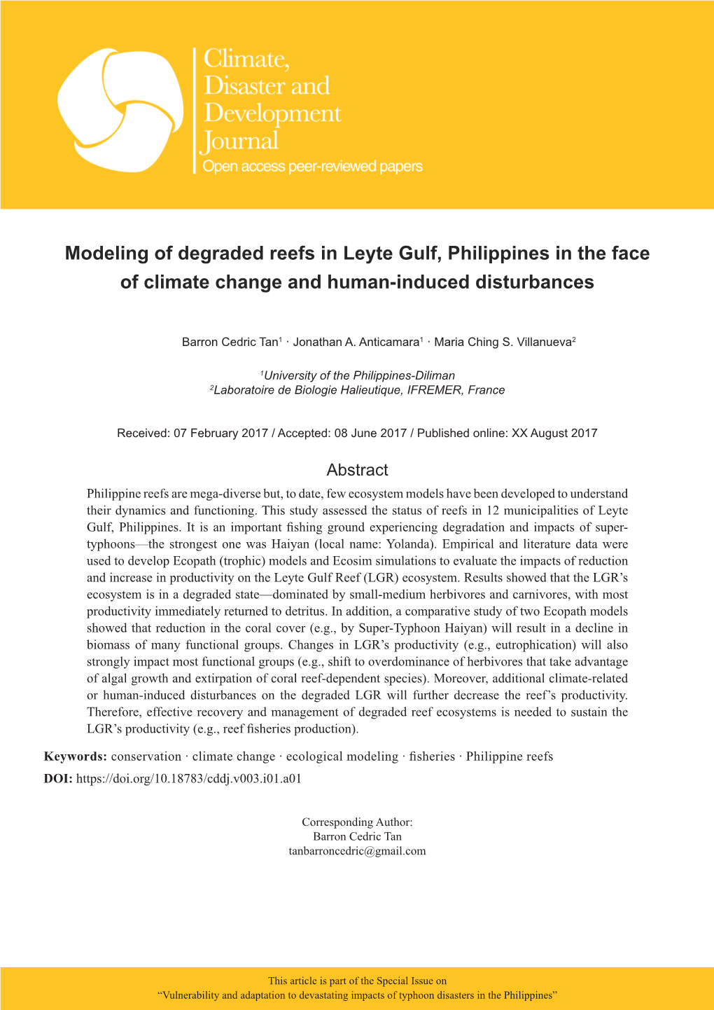 Modeling of Degraded Reefs in Leyte Gulf, Philippines in the Face of Climate Change and Human-Induced Disturbances