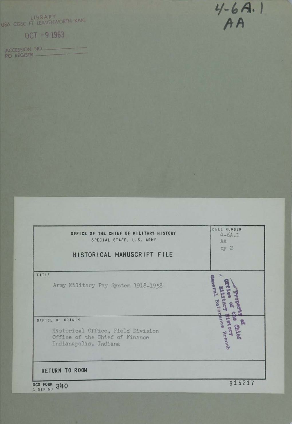 Army Military Pay Systems, 1918-1958 (Historical Summary Of