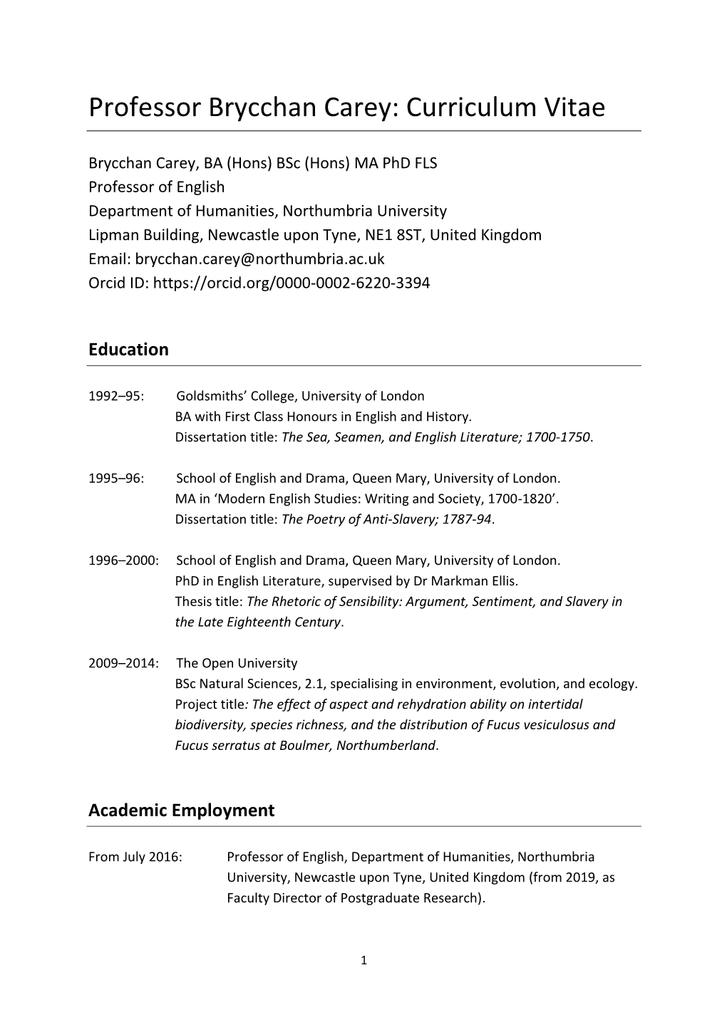 Professor Brycchan Carey: Curriculum Vitae