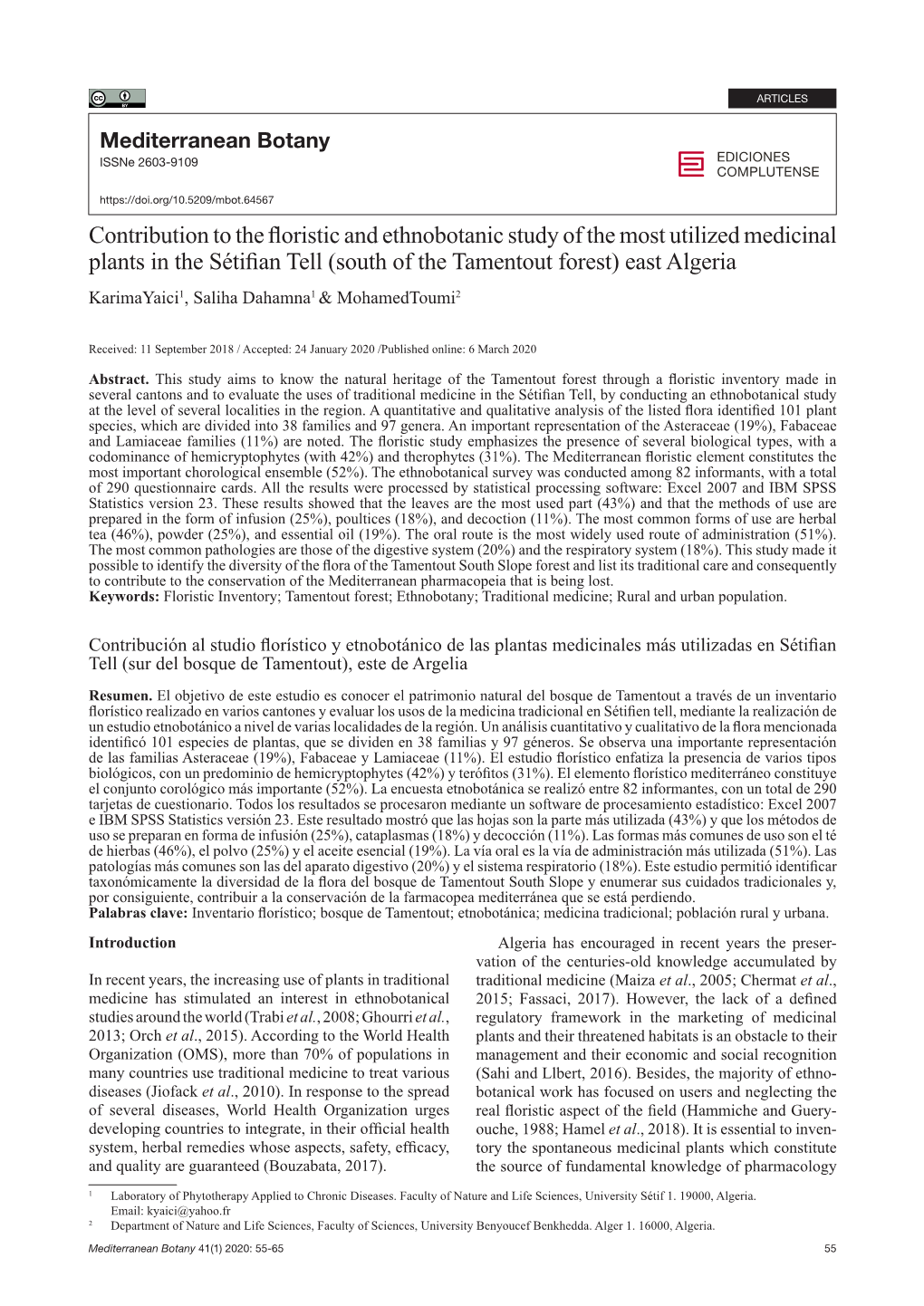 Contribution to the Floristic and Ethnobotanic Study of the Most