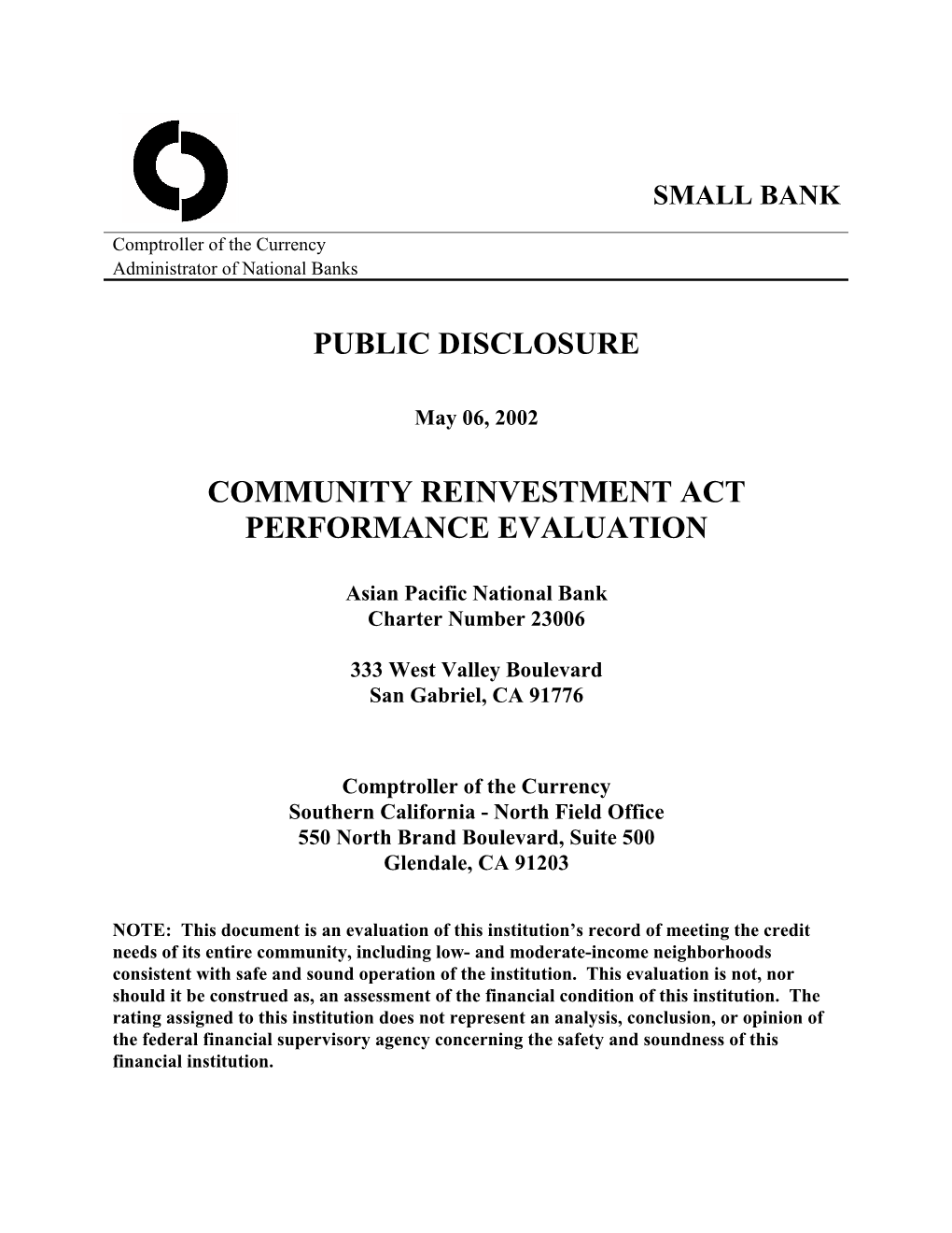 Public Disclosure Community Reinvestment Act