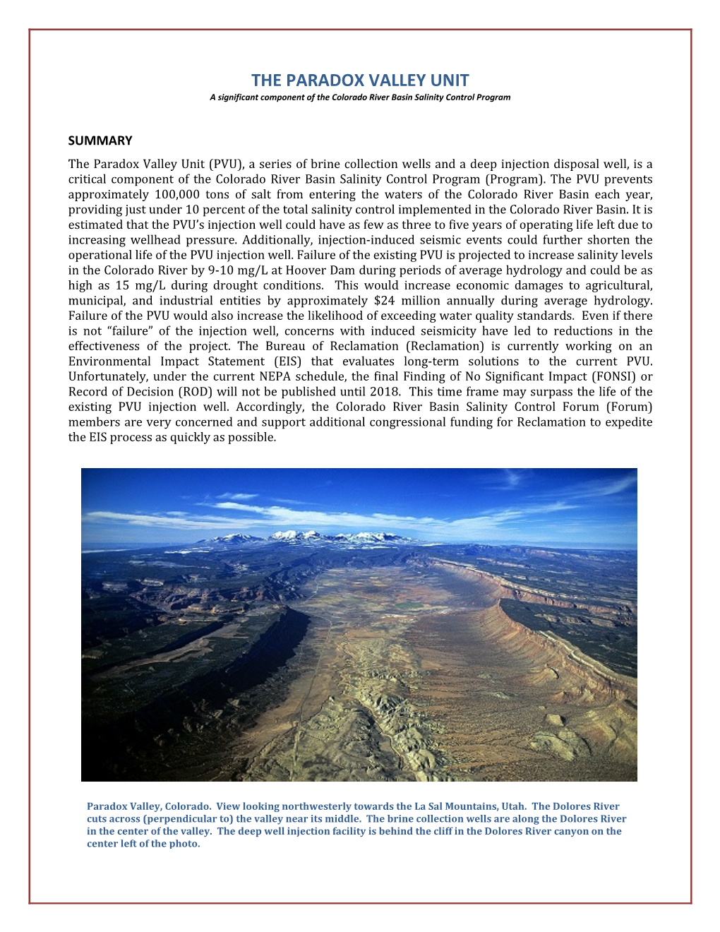 THE PARADOX VALLEY UNIT a Significant Component of the Colorado River Basin Salinity Control Program