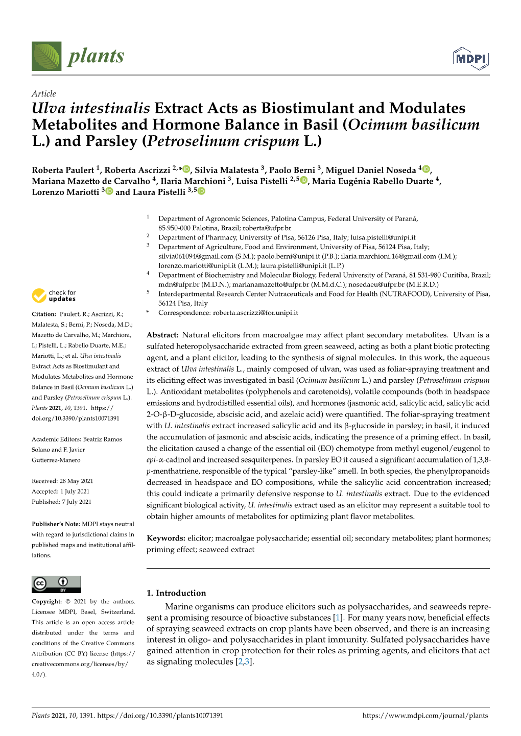 Ulva Intestinalis Extract Acts As Biostimulant and Modulates Metabolites and Hormone Balance in Basil (Ocimum Basilicum L.) and Parsley (Petroselinum Crispum L.)